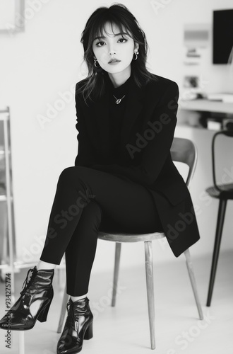 Young woman in black suit sitting on chair in a minimalist indoor space
