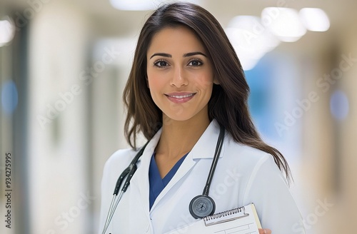 Medical professional smiling while holding a clipboard in a hospital corridor...