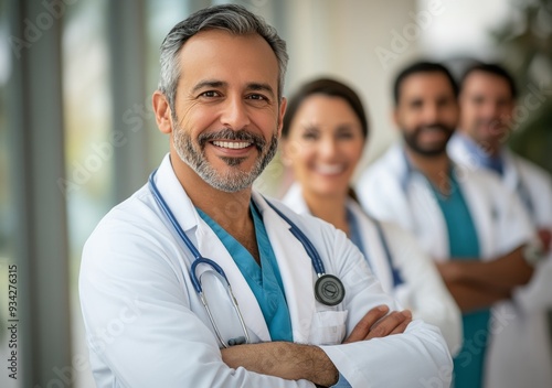 Smiling doctor in scrubs with medical team in bright hospital setting