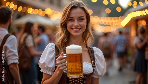 Happy woman in traditional drindl holding beer mug oktoberfest festival photo