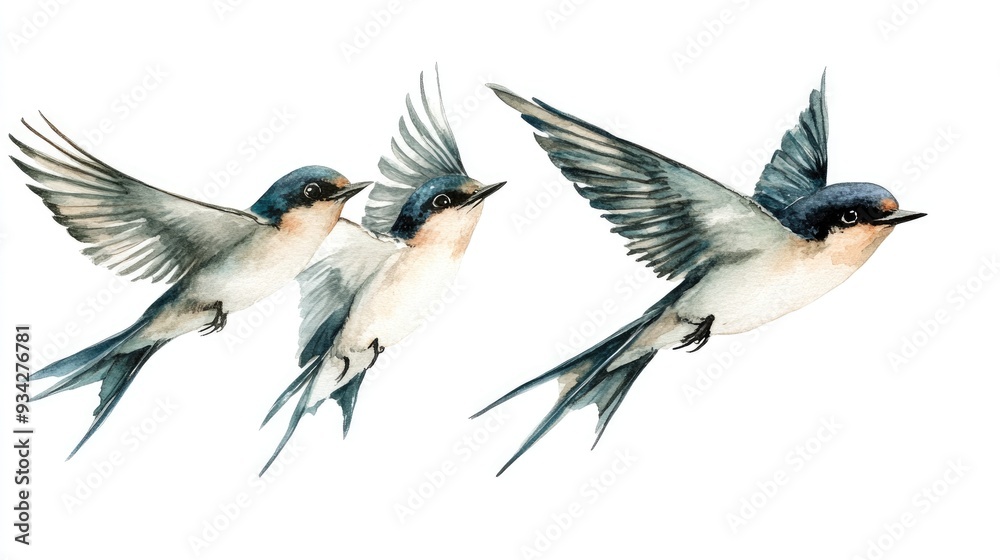 Obraz premium Three watercolor swallows on a white background