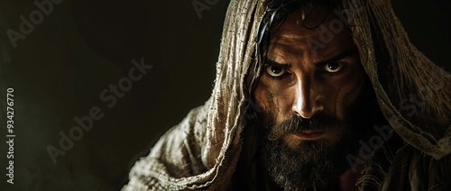  a middle-aged bearded man in a dirty linen robe with a hooded cloak,  photo