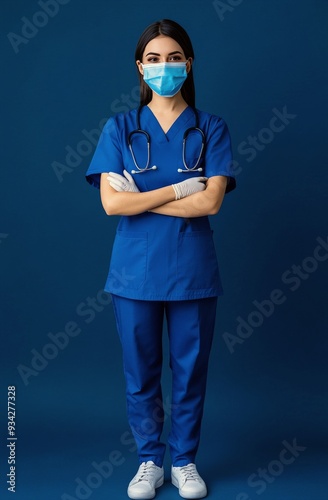 Nurse in blue scrubs holding a syringe in a clinical setting during daytime