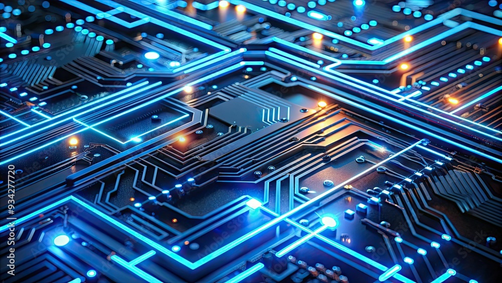 Sleek, neon-lit futuristic circuit board with glowing blue lines, microchips, and intricate pathways, symbolizing cutting-edge technology, innovation, and digital advancement. Sleek, neon-lit futuristic circuit board with glowing blue lines, microchips, and intricate pathways, symbolizing cutting-edge technology, innovation, and digital advancement.