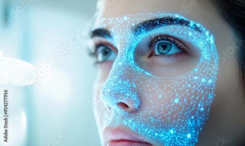 Close-up of a woman's face with a digital mesh overlay, illustrating advanced technology in artificial skin development and medical research. Digital Facial Mapping for Artificial Skin Development 