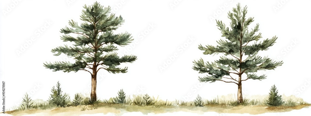 Fototapeta premium Pine tree illustration on a white background in watercolor style