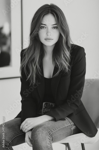 Portrait of a young woman in a blazer sitting casually indoors