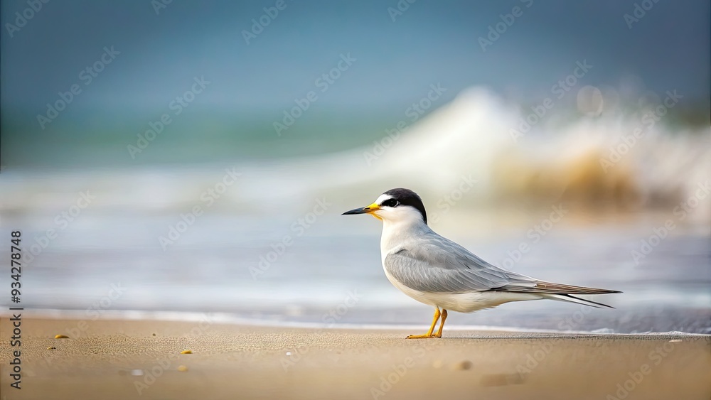 Small, grey and white least tern bird perches on a sandy beach, gazing out at a calm ocean with a faint misty horizon. Small, grey and white least tern bird perches on a sandy beach, gazing out at a calm ocean with a faint misty horizon.