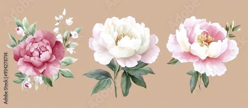 Peony bouquets in watercolor style suitable for greeting cards wedding invitations birthday celebrations and summer themed backgrounds