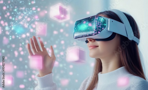 Young woman interacting with virtual reality technology in a colorful digital...