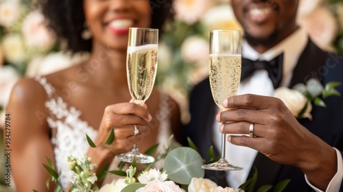 Bride and groom celebrating with champaign on wedding day