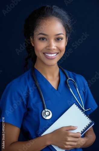 Healthcare worker in blue scrubs holding a medical chart against a dark backg...