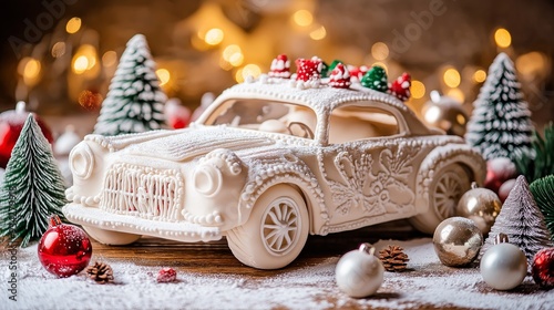 A festive white gingerbread car adorned with holiday decorations on a wooden table during Christmas photo