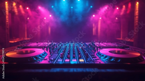 Illuminated DJ Booth in Nightclub with Colorful Stage Lights and Copy Space Background