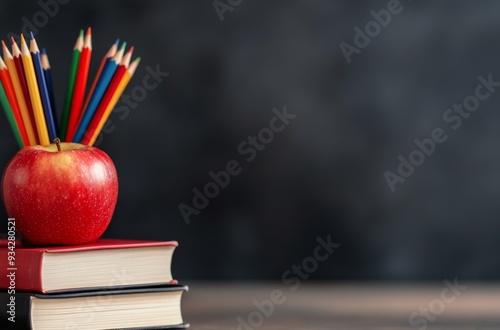 Red apple atop books with colored pencils against a dark background in a stud...