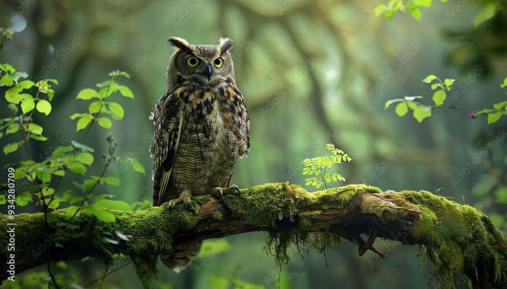 Obraz premium Majestic owl perched on mossy branch in lush green forest with piercing eyes