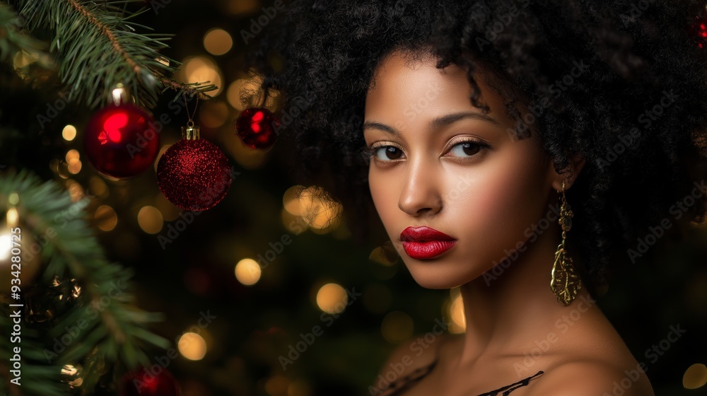 Diverse model poses elegantly amidst festive Christmas decorations with warm bokeh lights Diverse model poses elegantly amidst festive Christmas decorations with warm bokeh lights