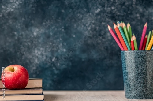 Fresh red apple sits on stacked notebooks in a classroom with colorful pencil...