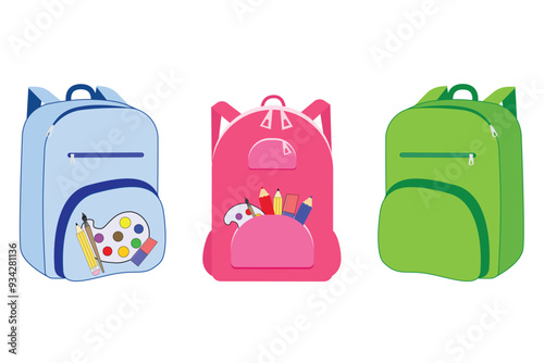 Set of colorful school bags,green,pink,blue.collection of backpack for children,vector illustration