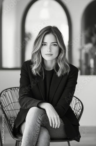 Young woman in a stylish blazer relaxing in a modern interior during the day