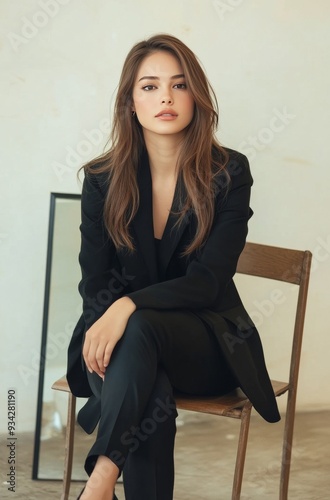 Young woman in black suit sitting on chair in a minimalist indoor space