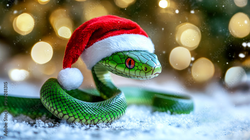 Green snake in Santa hat, symbol of Chinese New Year 2025. Generative AI Green snake in Santa hat, symbol of Chinese New Year 2025. Generative AI