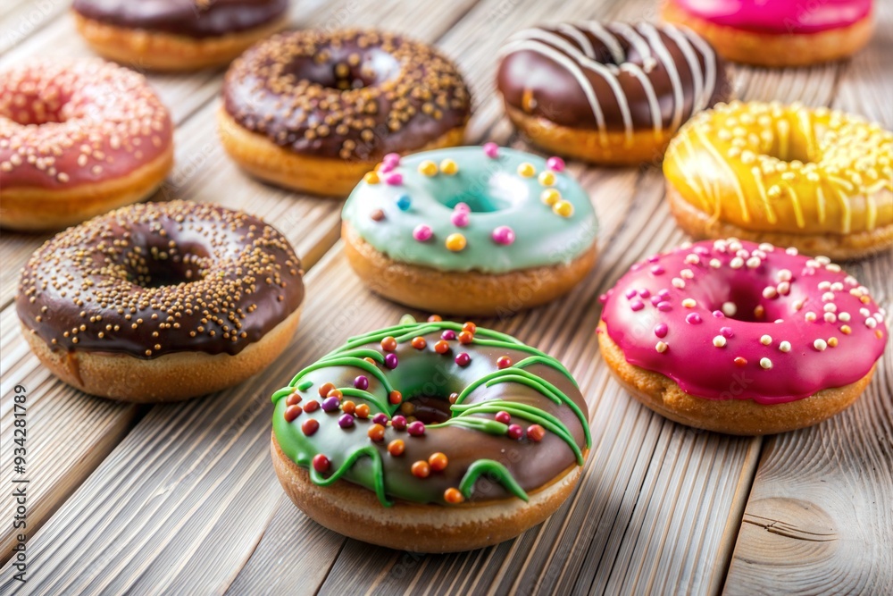 A set of colorful glazed donuts with sprinkles on a wooden background. A set of colorful glazed donuts with sprinkles on a wooden background.