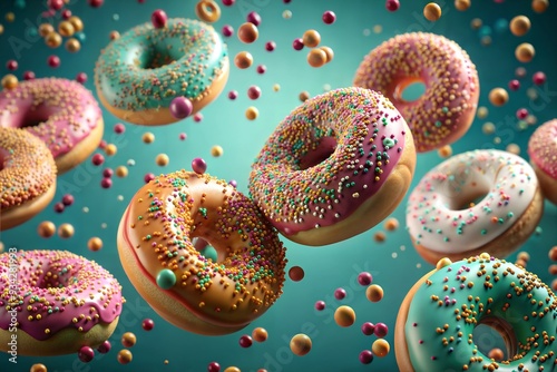 Flying glazed donuts. Set of multicolored doughnuts with sprinkles isolate on color background.
 photo