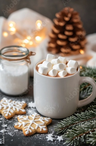 Cozy hot chocolate with marshmallows and decorated cookies by a lantern