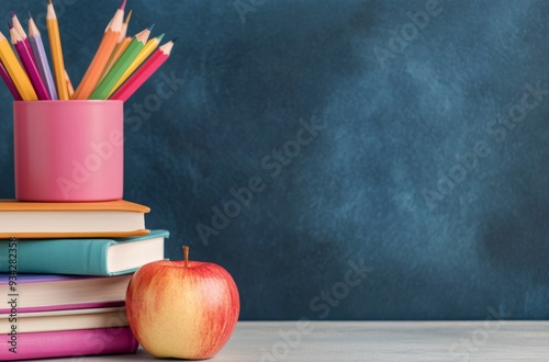 Colorful pencils and an apple on a stack of books against a blue background
