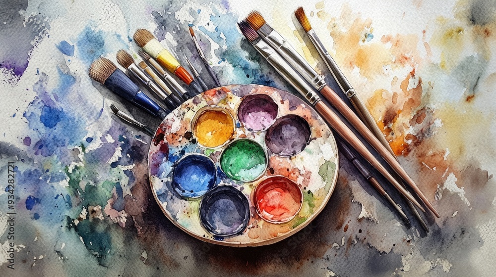 Fototapeta premium Watercolor artwork depicting an artist s palette accompanied by brushes and blended colors