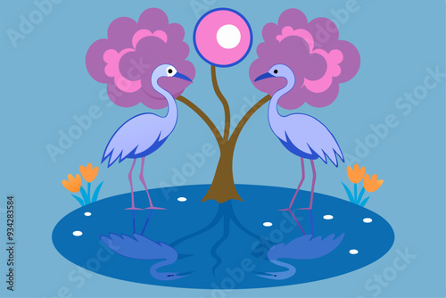 Heron Fantasy Moonscape - Surreal Vector Illustration