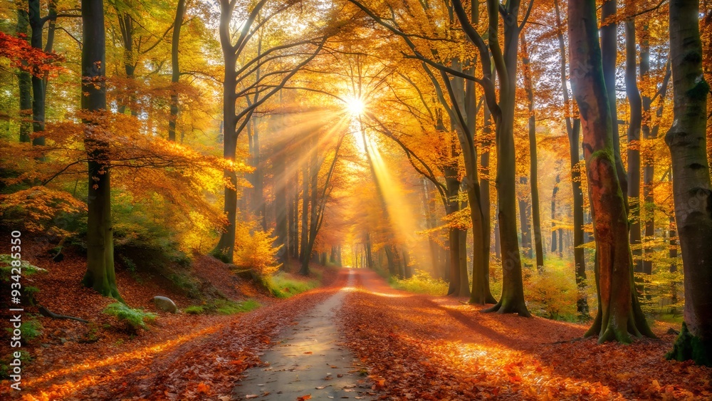 Autumn forest with a trail covered in fallen leaves and sunlight streaming through Autumn forest with a trail covered in fallen leaves and sunlight streaming through