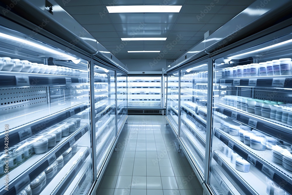 Empty Refrigerated Food Display Cases in a Supermarket Empty Refrigerated Food Display Cases in a Supermarket