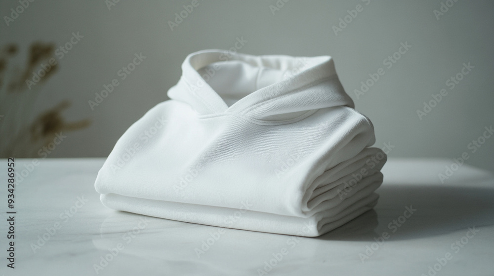 Sudadera blanca con capucha doblada sobre mesa de mármol. Sudadera blanca con capucha doblada sobre mesa de mármol.