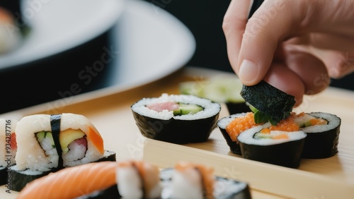 Sequential sushi assembly raw fish laid on rice followed by layers of more fish and veggies culminating in expertly rolled bite-sized sushi masterpieces on a kitchen counter. photo