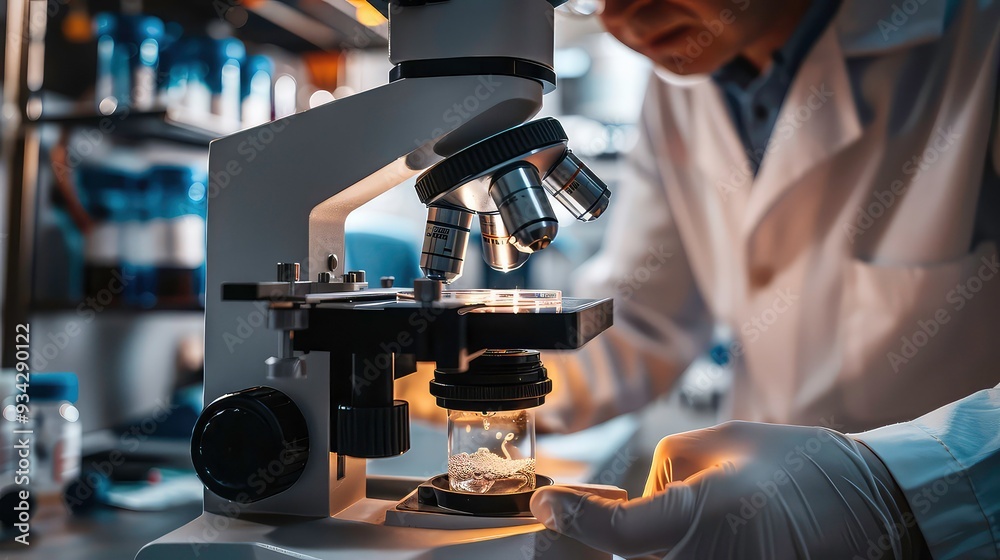 A scientist in a lab coat is adjusting a microscope, focusing on a sample in a glass container. A scientist in a lab coat is adjusting a microscope, focusing on a sample in a glass container.