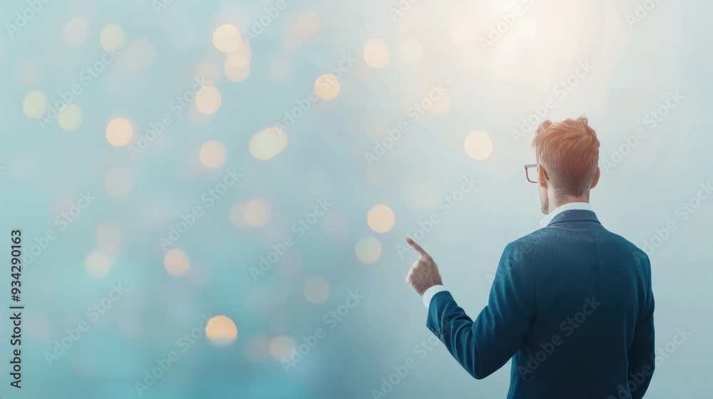 Businessman pointing at abstract light bokeh background dreamy and futuristic concept Businessman pointing at abstract light bokeh background dreamy and futuristic concept