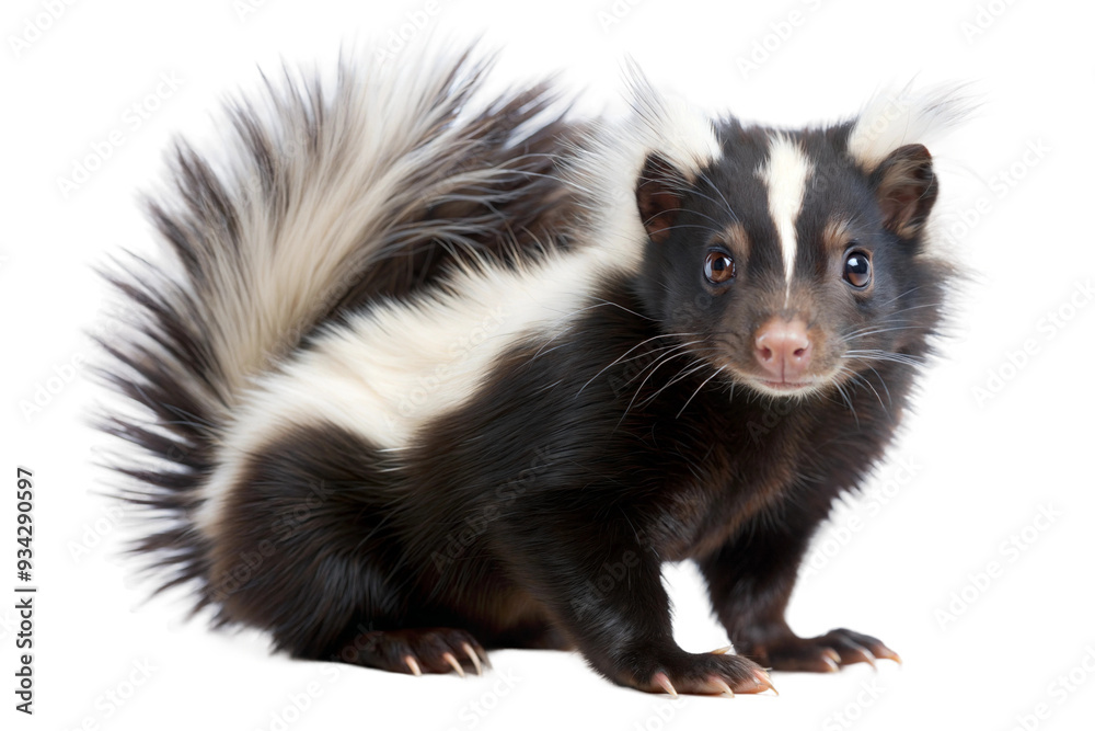 A playful skunk stands confidently with its fluffy tail raised, showcasing its striking black and white fur isolated on transparent background A playful skunk stands confidently with its fluffy tail raised, showcasing its striking black and white fur isolated on transparent background