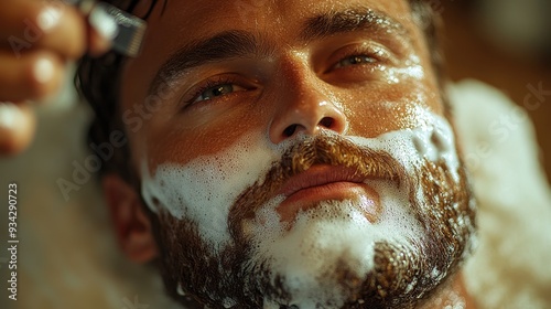 Close-Up of Bearded Man with Mustache Lying on Back in Barbershop, Shaved by Barber with Razor - Vintage Style with Soft Lighting, Shot from Above

 photo