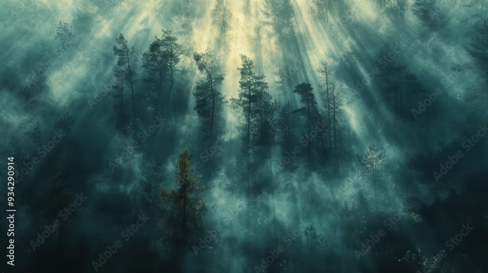 Fototapeta premium Sun rays penetrating dark misty forest with majestic tree silhouettes