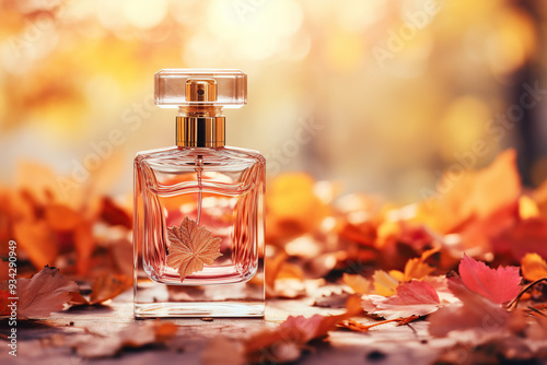 Transparent glass bottle of perfume on colorful