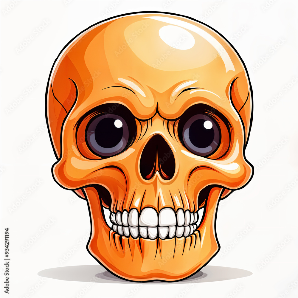 Fototapeta premium Stylized, cartoonish depiction of a human skull with a bright orange color and exaggerated facial features.