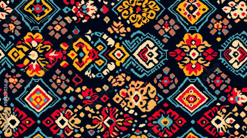 Vibrant, colorful ethnic-inspired pattern with intricate details in red, yellow, blue, and black. The seamless tile design showcases traditional motifs, creating a rich, dynamic visual appeal.