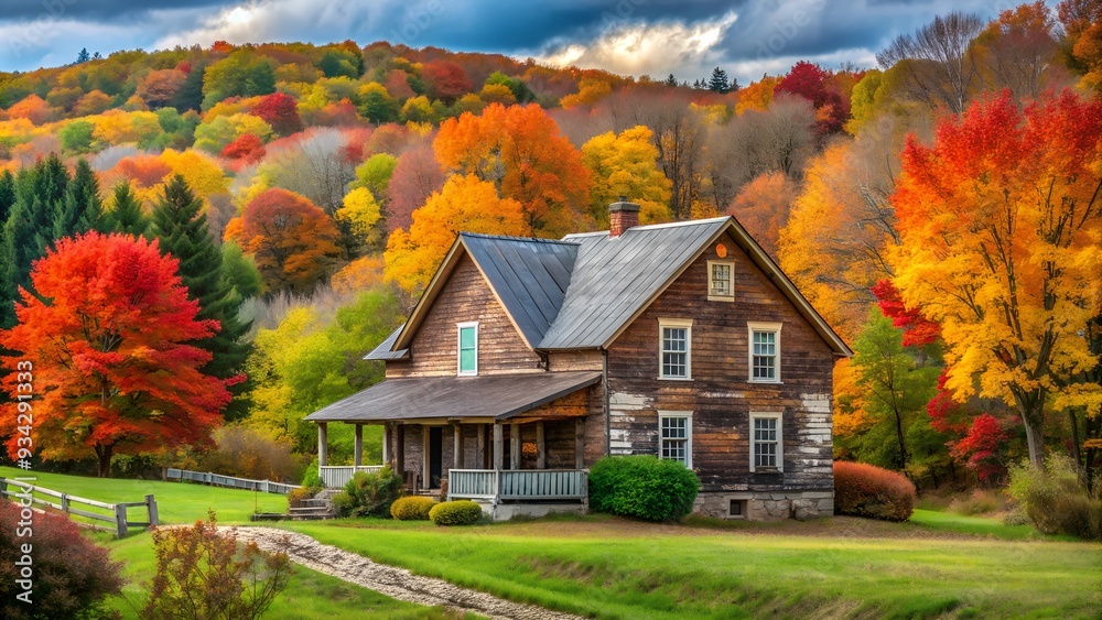 Rustic autumn farmhouse surrounded by colorful fall foliage Rustic autumn farmhouse surrounded by colorful fall foliage