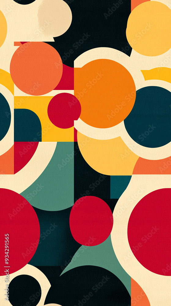 Colorful geometric pattern with circles and semicircles in shades of orange, red, teal, black, and beige. The seamless tile design is bold and modern, emphasizing symmetry and balance. Colorful geometric pattern with circles and semicircles in shades of orange, red, teal, black, and beige. The seamless tile design is bold and modern, emphasizing symmetry and balance.