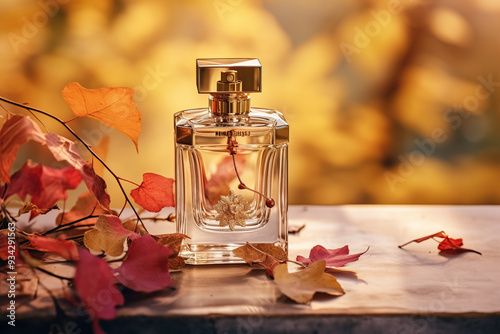 Transparent glass bottle of perfume on colorful