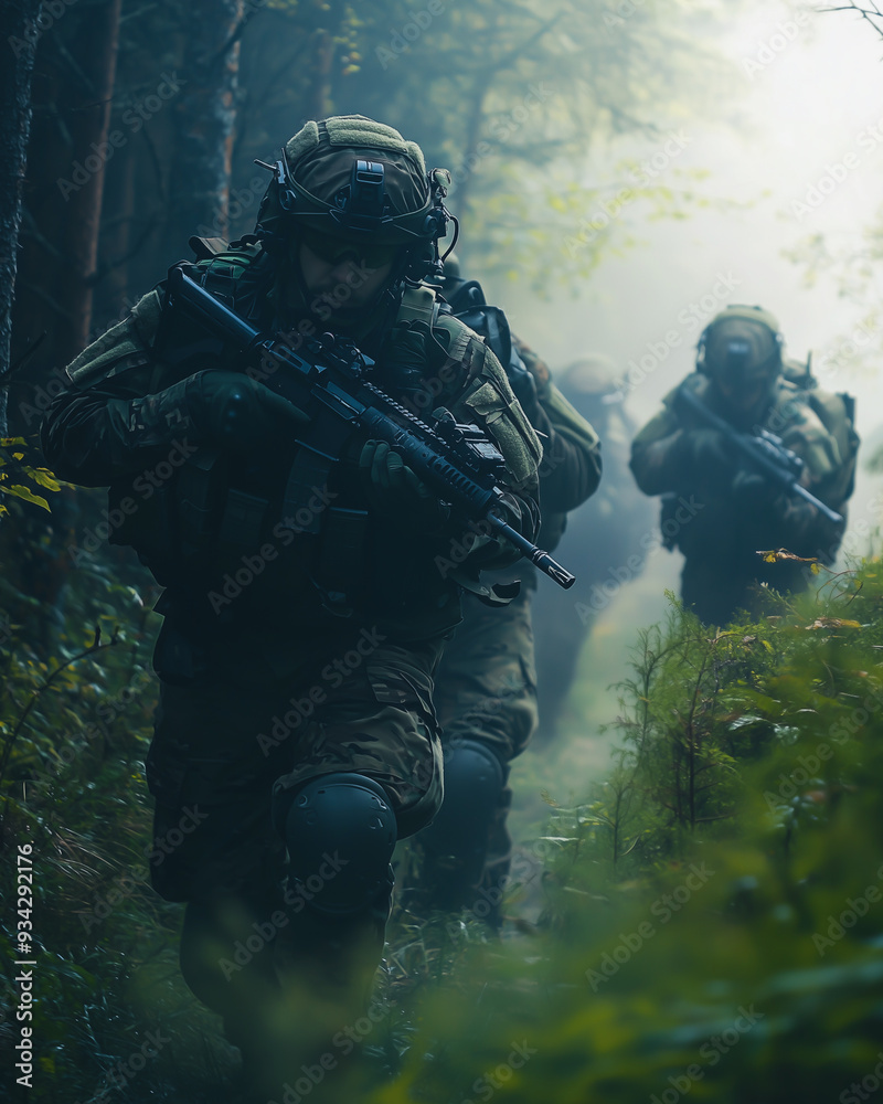 Special Forces Soldiers in Tactical Gear on a Covert Mission in a Foggy Forest
Special Forces Soldiers in Tactical Gear on a Covert Mission in a Foggy Forest