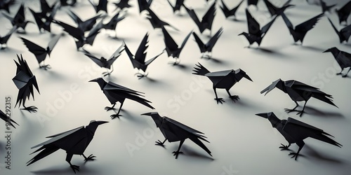 Black crows on white surface, origami style 