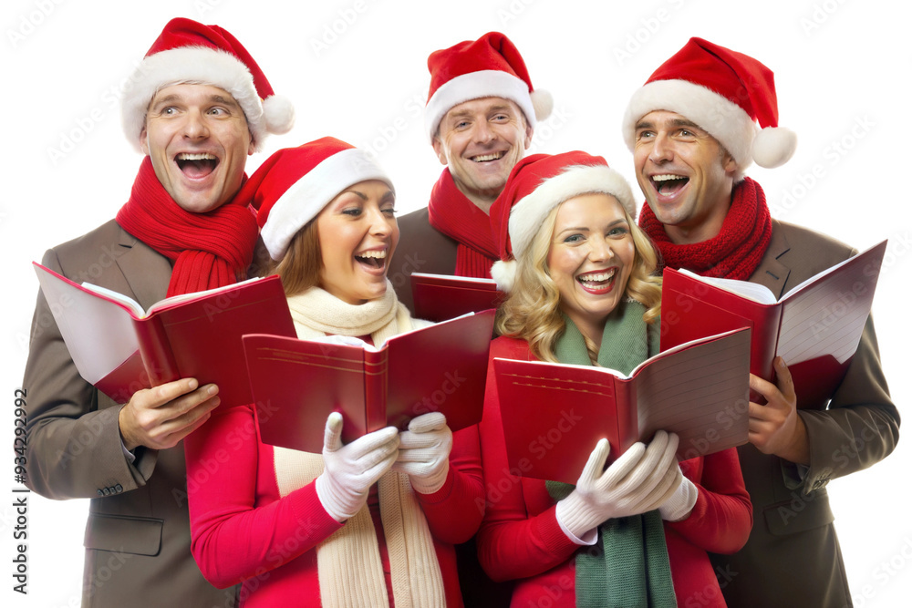 Φωτογραφία A group of five festive carolers wearing Santa hats and cozy scarves joyfully si